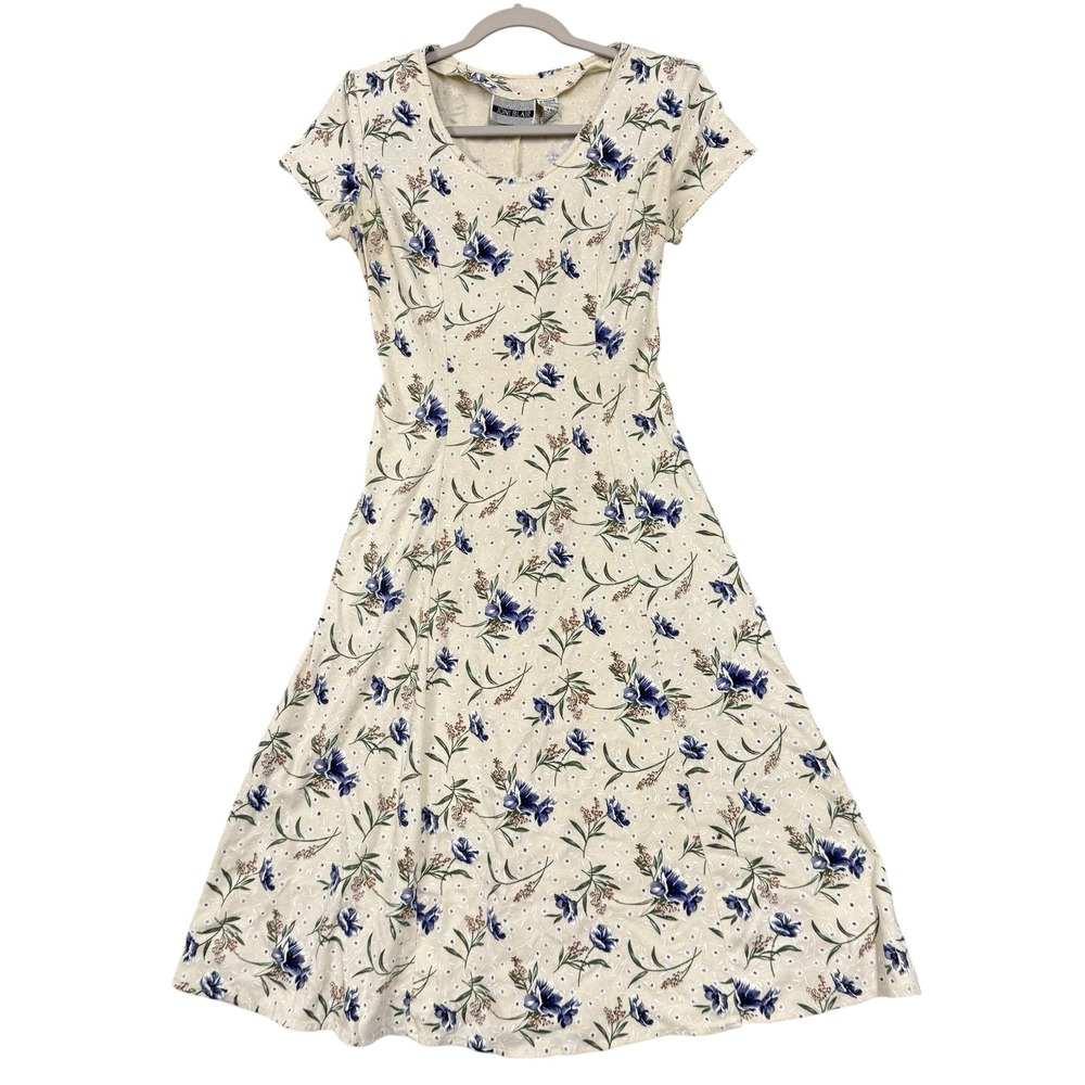 Joni Blair Dress Womens Medium White Floral Fit Flare Midi Ruched Back Casual
